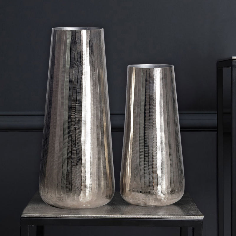 Vase 2er Set Aluminium Silber Rund Modern Tischvase Handgefertigt