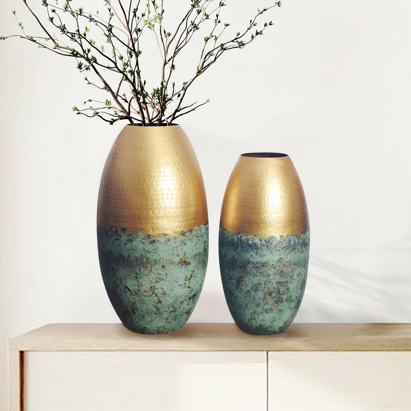 Vase 2er Set Aluminium Gold Patina Modern Rund Handgefertigt