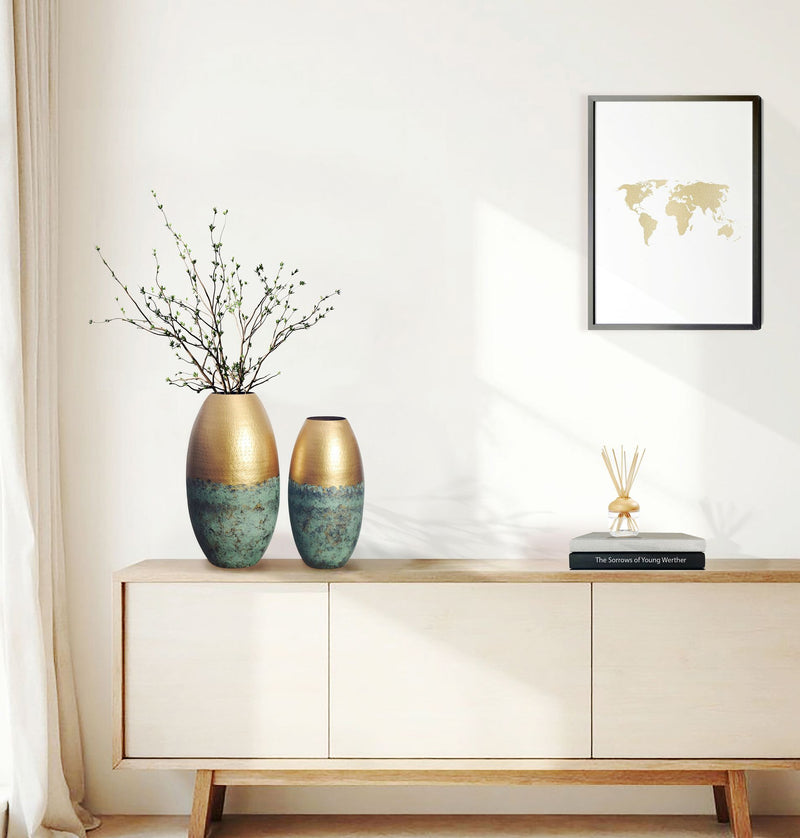 Vase 2er Set Aluminium Gold Patina Modern Rund Handgefertigt