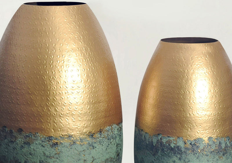 Vase 2er Set Aluminium Gold Patina Modern Rund Handgefertigt