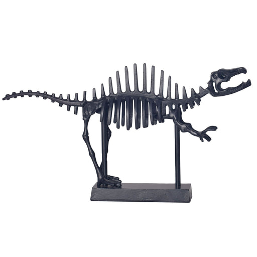 Dekofigur T-Rex Aluminium Schwarz 62cm in Seitenansicht mit aufgerichteter Körperhaltung und Wirbelsäulenstacheln.