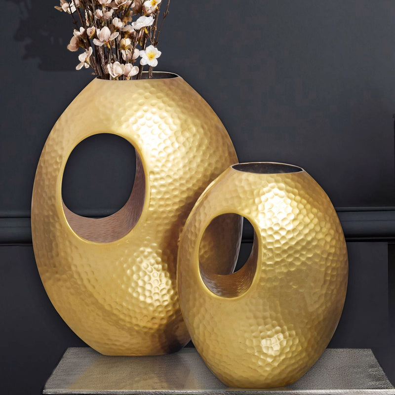 Vase 2er Set Aluminium Gold Hammerschlag Modern Handgefertigt