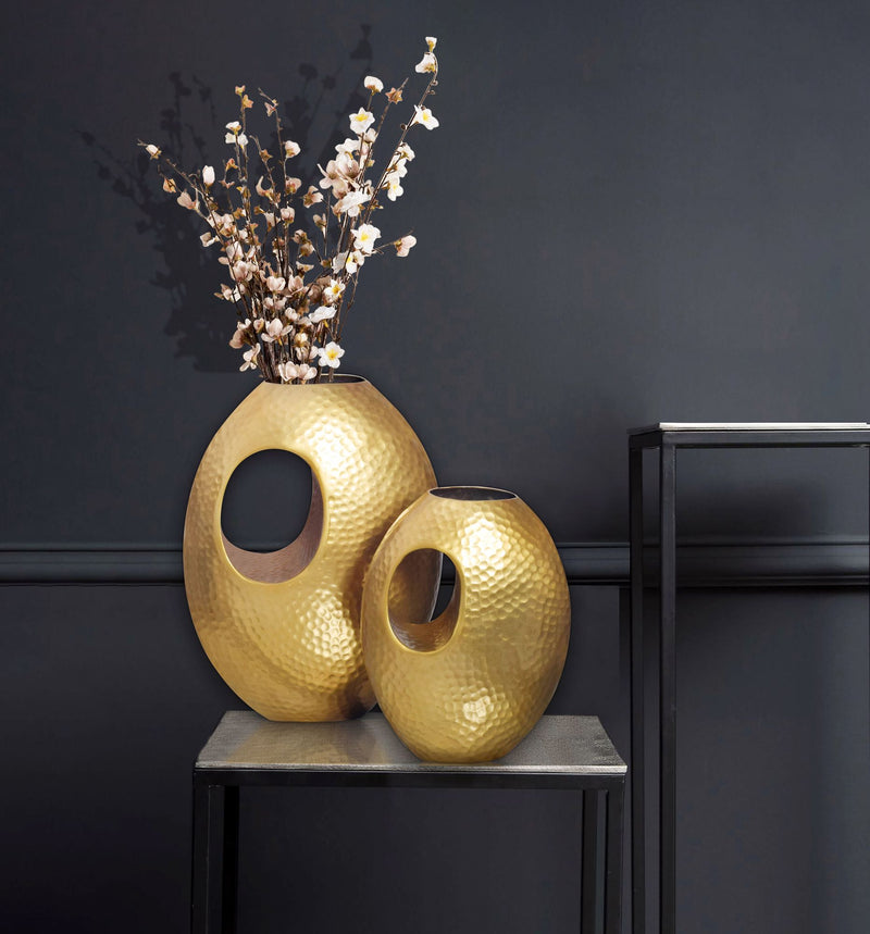 Vase 2er Set Aluminium Gold Hammerschlag Modern Handgefertigt