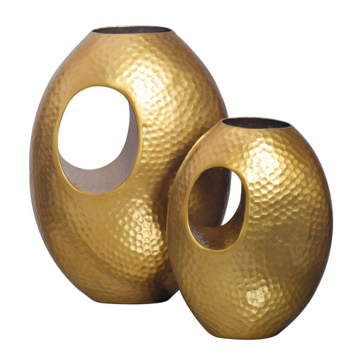 Vase 2er Set Aluminium Gold Hammerschlag Modern Handgefertigt mit gehämmerter Oberflächenstruktur und ovalen Öffnungen.