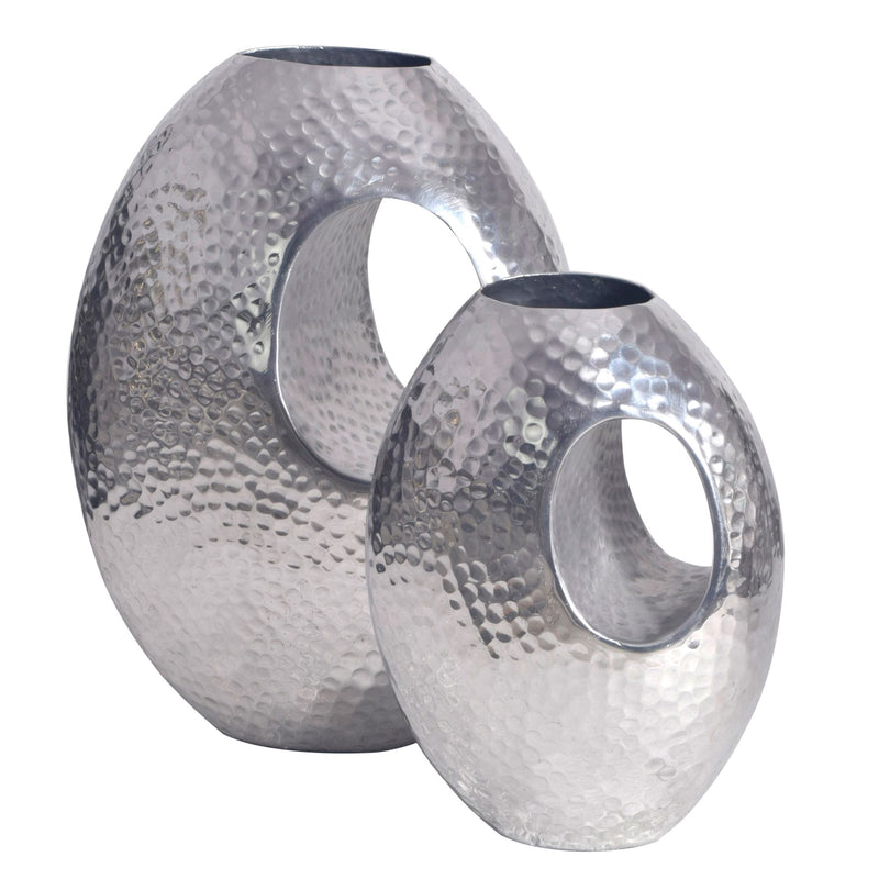 Vase 2er Set Aluminium Silber Hammerschlag Modern mit Tragegriff