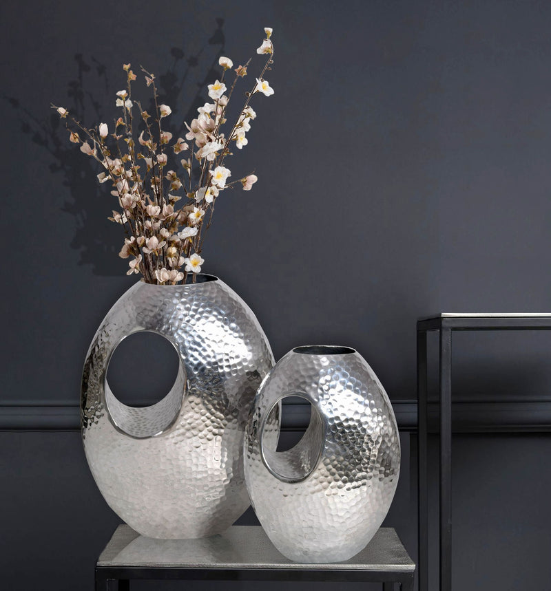 Vase 2er Set Aluminium Silber Hammerschlag Modern mit Tragegriff