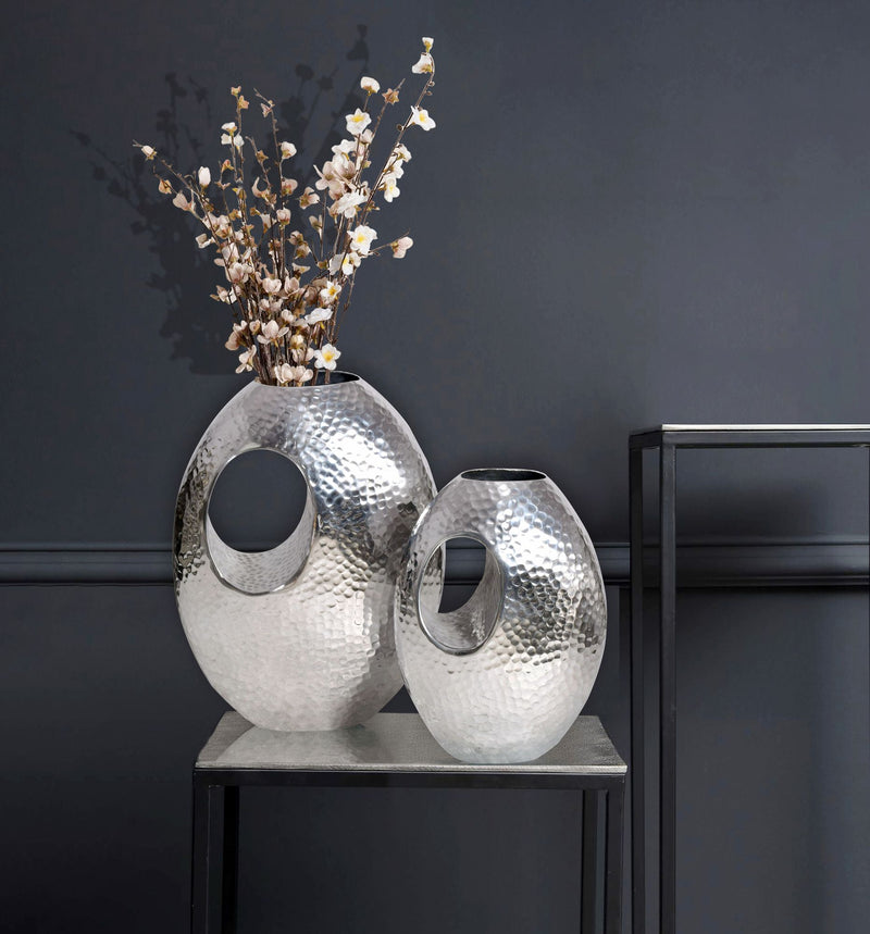 Vase 2er Set Aluminium Silber Hammerschlag Modern mit Tragegriff