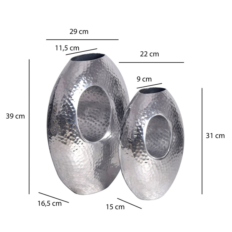 Vase 2er Set Aluminium Silber Hammerschlag Modern mit Tragegriff