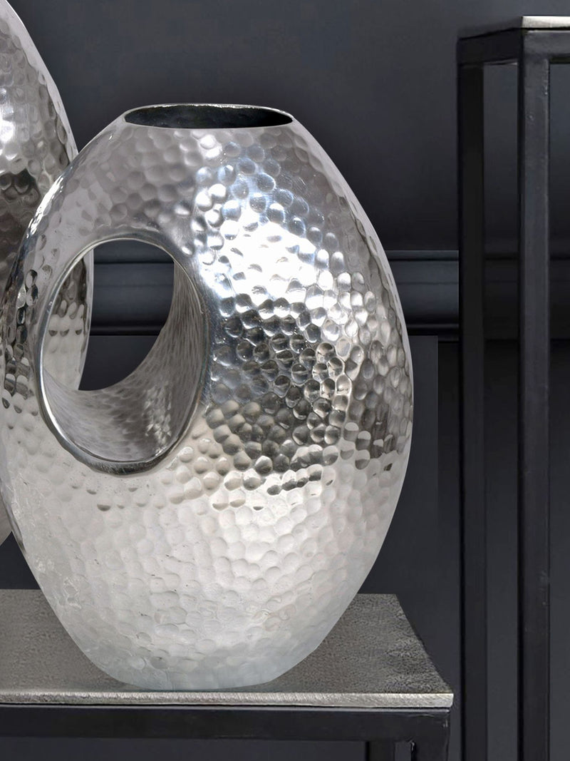 Vase 2er Set Aluminium Silber Hammerschlag Modern mit Tragegriff