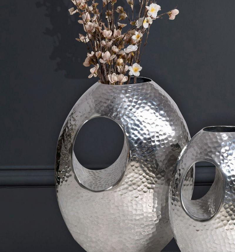 Vase 2er Set Aluminium Silber Hammerschlag Modern mit Tragegriff