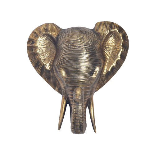 Wanddeko Elefant Tierkopf 41cm Aluminium Gold, Frontansicht mit goldschimmerndem Finish und ausgebreiteten Ohren.