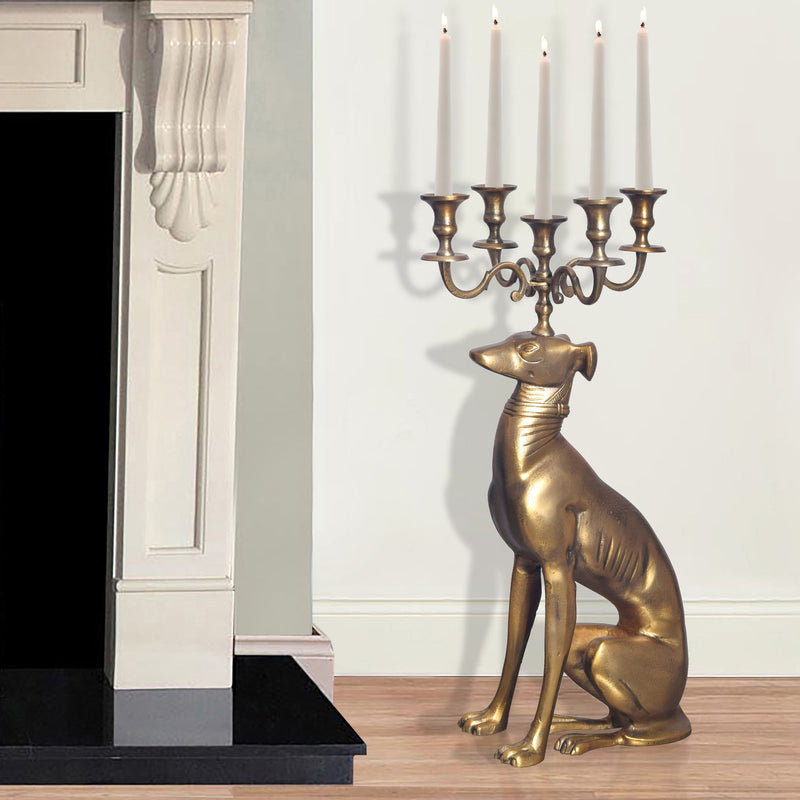 Kerzenhalter Windhund 5-armig Aluminium Gold 69cm Modern Bodenständer