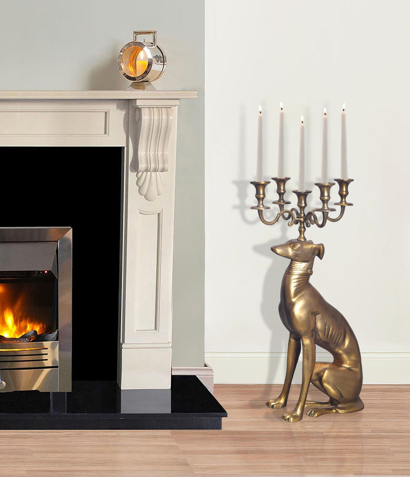 Kerzenhalter Windhund 5-armig Aluminium Gold 69cm Modern Bodenständer