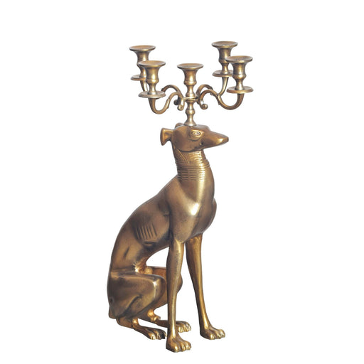 Kerzenhalter Windhund 5-armig in Gold mit sitzender Windhundfigur als Ständer und fünfarmigem Leuchteraufsatz.