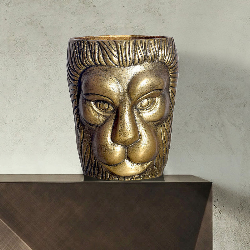 Vase Löwenkopf 21cm Aluminium Gold Modern Tischdeko Handgefertigt