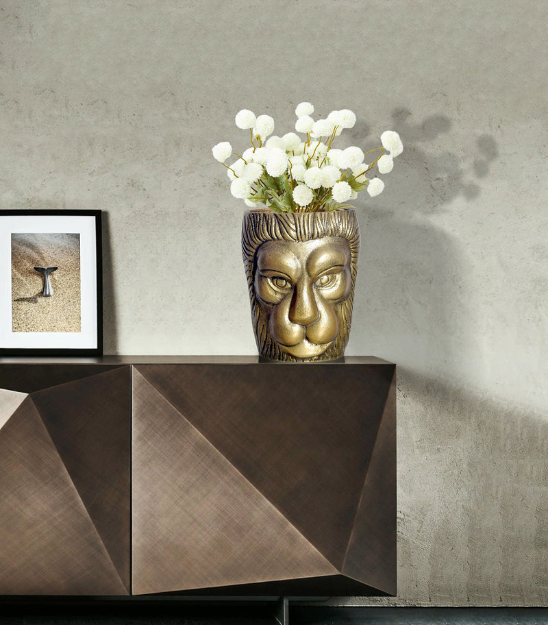 Vase Löwenkopf 21cm Aluminium Gold Modern Tischdeko Handgefertigt