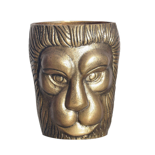 Vase Löwenkopf 21cm Aluminium Gold mit plastisch ausgearbeiteten Löwengesichtszügen, Frontansicht.