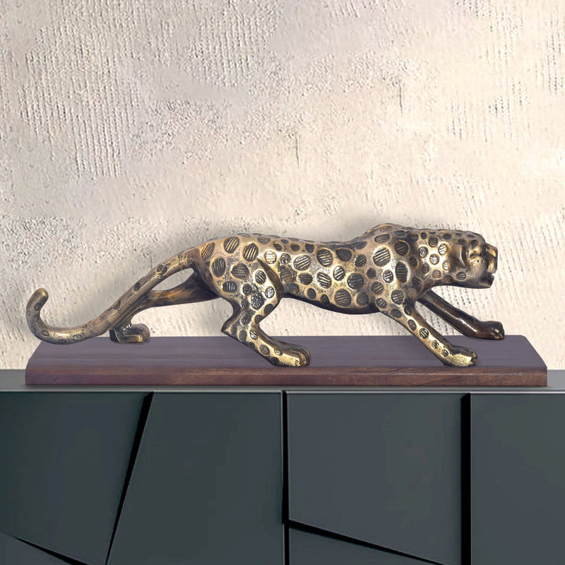 Dekofigur Panther Aluminium Gold 63cm Massivholz-Sockel Modern
