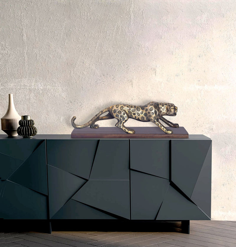 Dekofigur Panther Aluminium Gold 63cm Massivholz-Sockel Modern