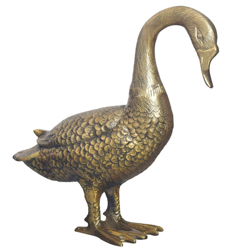 Dekofigur Gans Aluminium Gold 46cm Modern in Seitenansicht mit geschwungenem Hals und strukturiertem Gefieder.