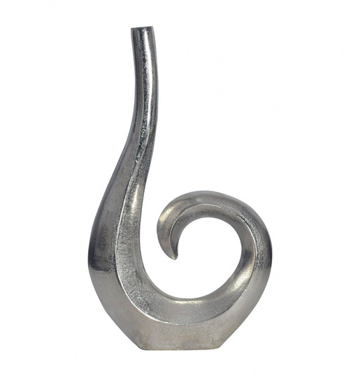 Silberne Aluminium-Vase mit spiralförmig geschwungenem Design in Gesamtansicht von vorne.