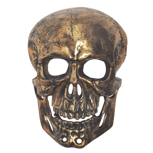 Wanddeko Totenkopf Aluminium Gold 41cm Schädel Modern Deko Skull in Frontansicht mit antik goldener Patina.