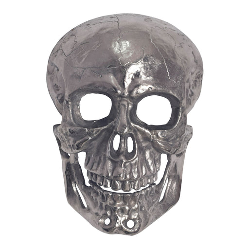 Wanddeko Totenkopf Aluminium Silber 41cm Schädel Modern Deko in Silber mit reliefierter Oberflächenstruktur, Frontalansicht.