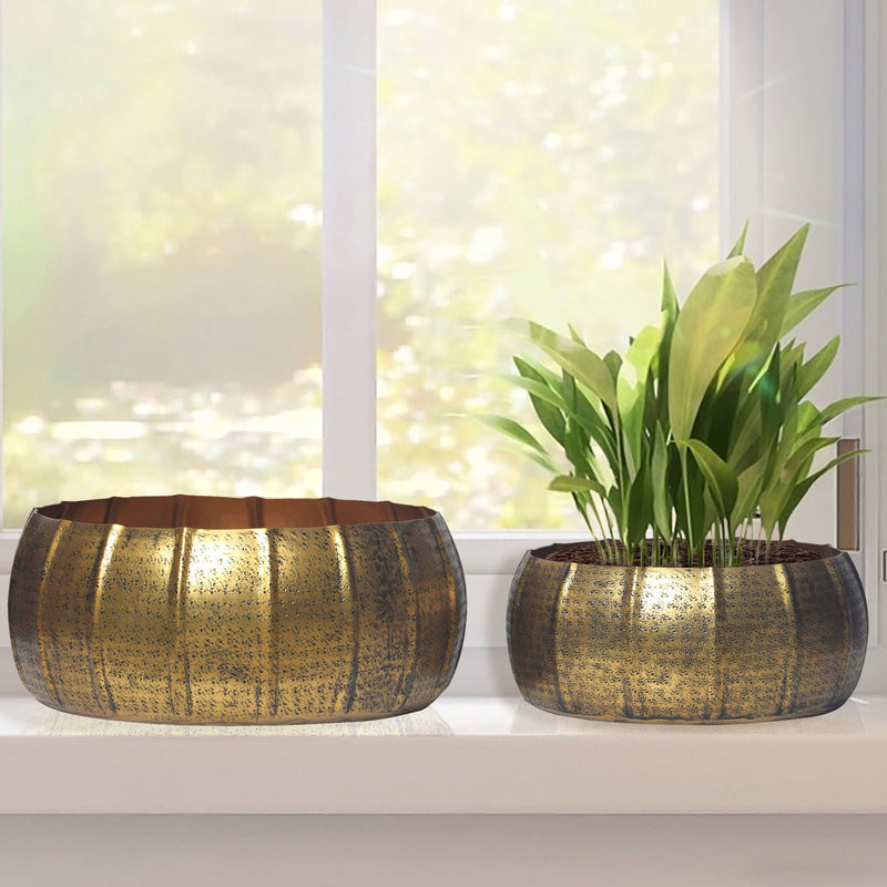 Pflanzkübel 2er Set Aluminium Gold Rund Indoor Hammerschlag Design — Trendmöbel24