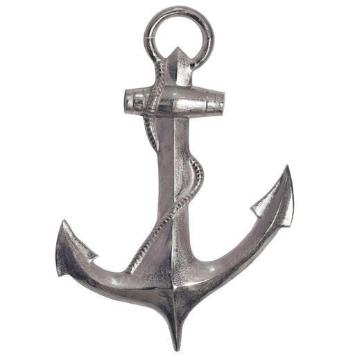 Deko Anker 70cm Silber Aluminium Maritim Wanddeko Modern in Silber mit geschwungenen Ankerfluken und Öse, Gesamtansicht.