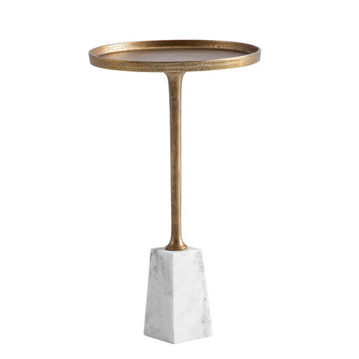 Beistelltisch Marmor Metall mit runder Tischplatte in Gold und weißem Marmorsockel in Gesamtansicht.