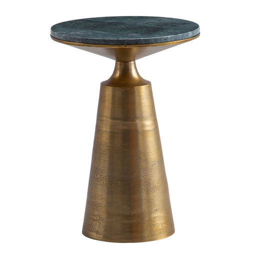 Beistelltisch mit grüner Marmor-Tischplatte und konischem Metallgestell in Gold, Gesamtansicht.