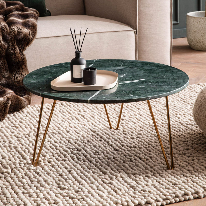 Couchtisch Marmor Grün 70x70x35cm Metall Gold Dreibein Modern
