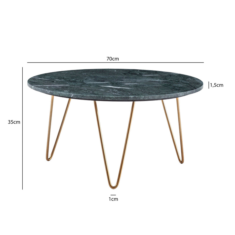 Couchtisch Marmor Grün 70x70x35cm Metall Gold Dreibein Modern