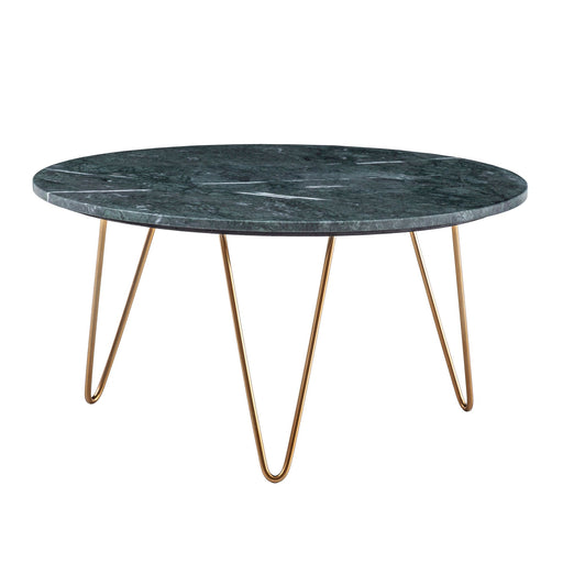 Couchtisch Marmor Grün mit grüner Marmorplatte und goldenen Metallbeinen in Gesamtansicht.