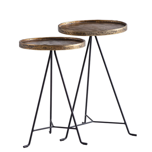 Beistelltisch 2er Set mit runden goldenen Tischplatten und schwarzen Metallbeinen, Gesamtansicht.