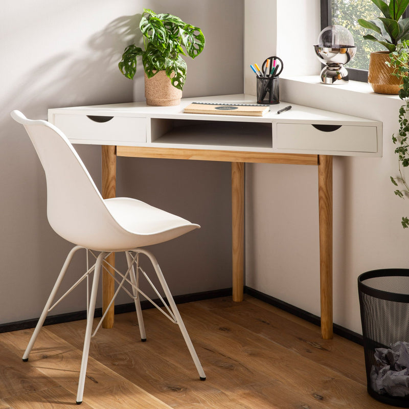 Eckschreibtisch 80x80x78cm Weiß mit Schubladen Homeoffice Holzbeine