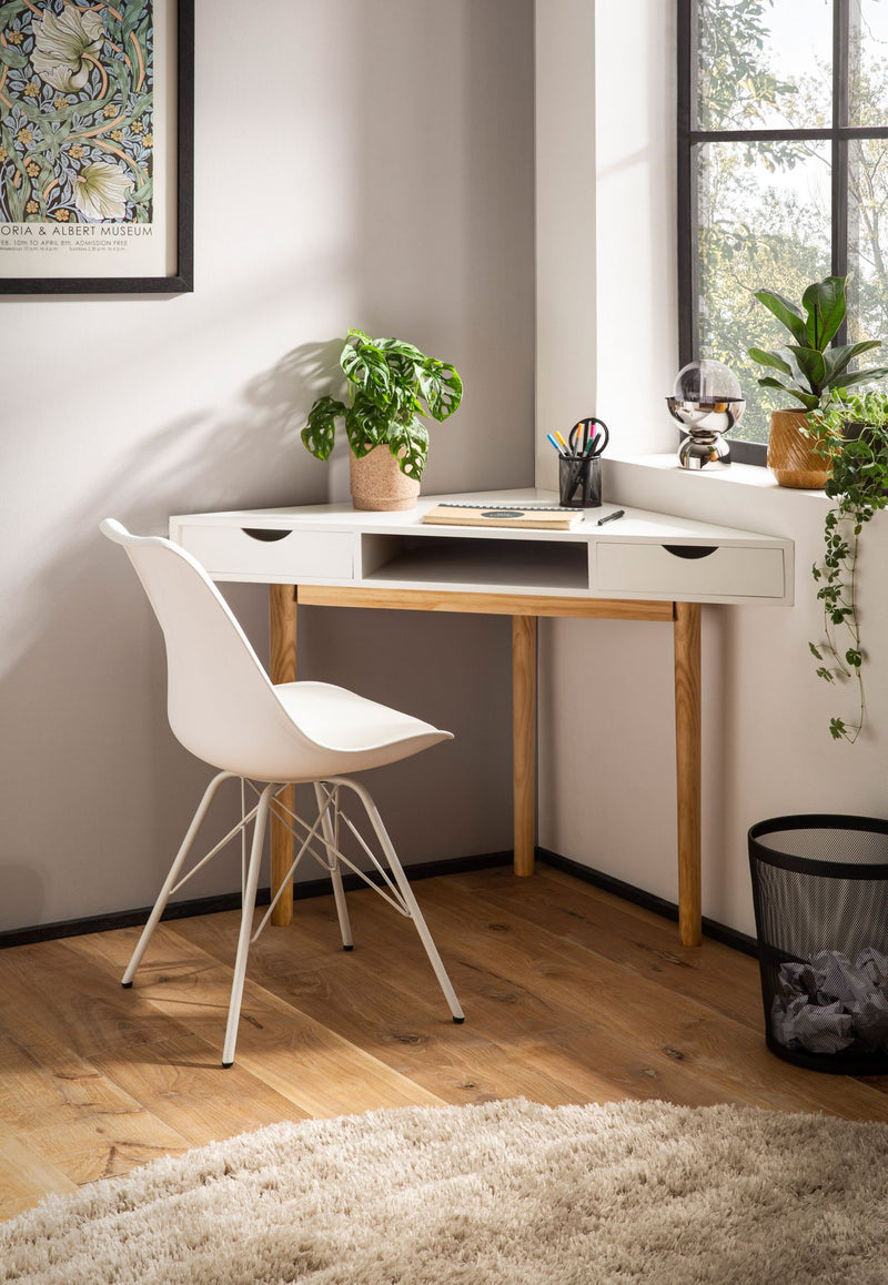 Eckschreibtisch 80x80x78cm Weiß mit Schubladen Homeoffice Holzbeine