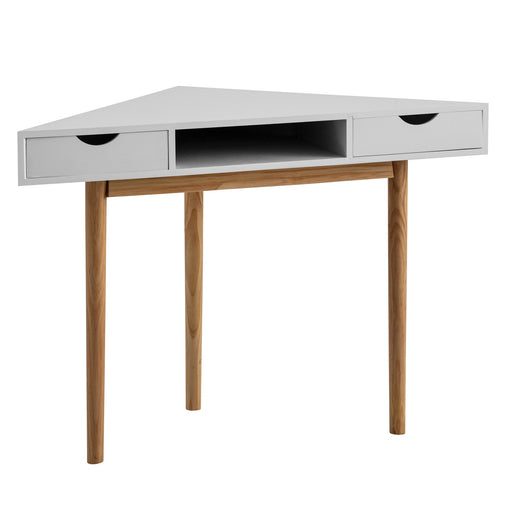 Eckschreibtisch 80x80x78cm Weiß mit zwei Schubladen und offenem Fach in Gesamtansicht.