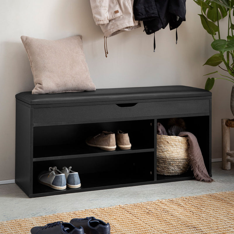 Schuhbank 104x51x32cm Kunstleder Schwarz Holz Stauraum Flur Möbel