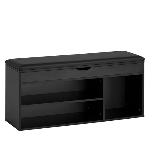 Schuhbank 104x51x32cm Kunstleder Schwarz mit geöffneten Fächern und Stauraum in Gesamtansicht von vorne.