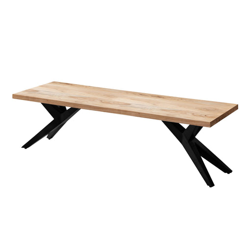 Esszimmerbank 175x45 Akazie Massivholz mit massiver Holzfläche und gespreizten schwarzen Metallbeinen in Gesamtansicht.