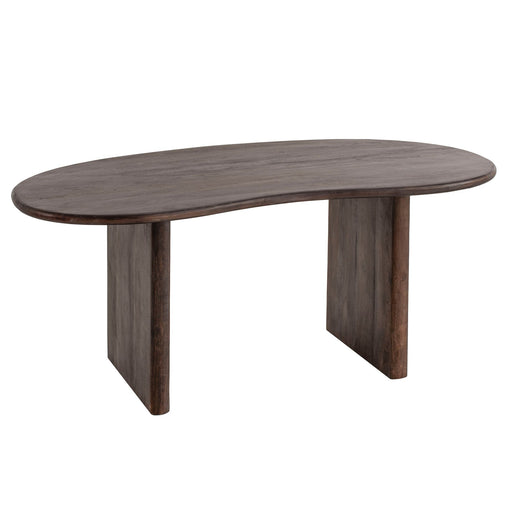 Esszimmertisch 180x90 Akazie in Dunkelbraun mit Nierenform und massiven Holzstützen in Gesamtansicht.