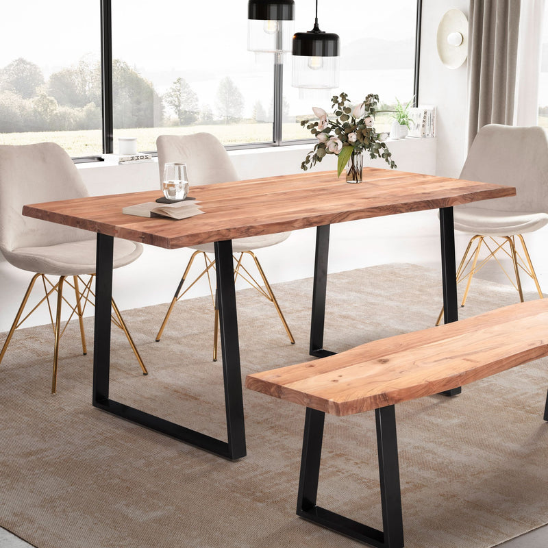 Esstisch Akazie Massivholz Metall Baumkante Trapezbeine Schwarz 120x60x76cm
