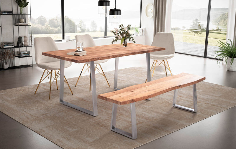 Esstisch Akazie Massivholz 120x60x76cm Baumkante Trapezbeine Chrom