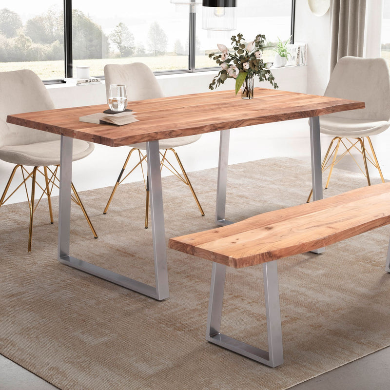 Esstisch Akazie Massivholz 180x90cm Baumkante Trapezbeine Chrom