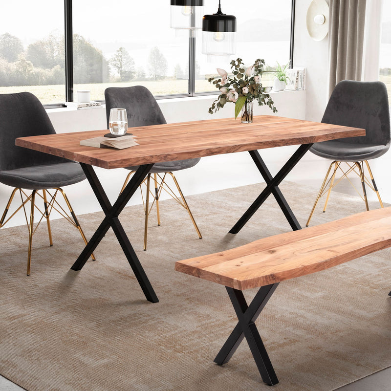 Esstisch 140x80 Akazie Massivholz Baumkante X-Beine Schwarz