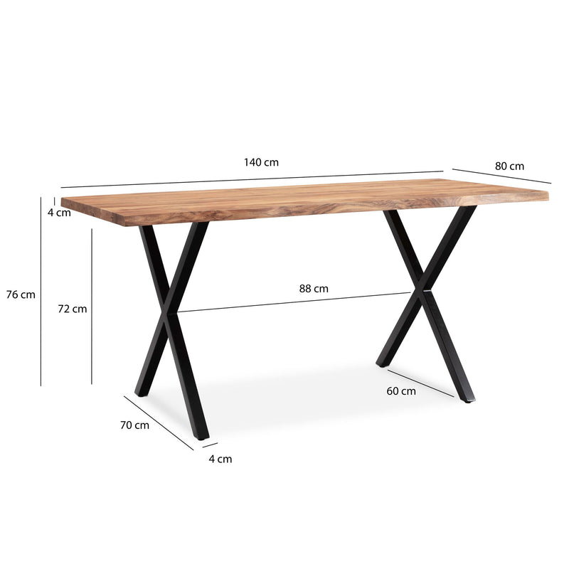 Esstisch 140x80 Akazie Massivholz Baumkante X-Beine Schwarz