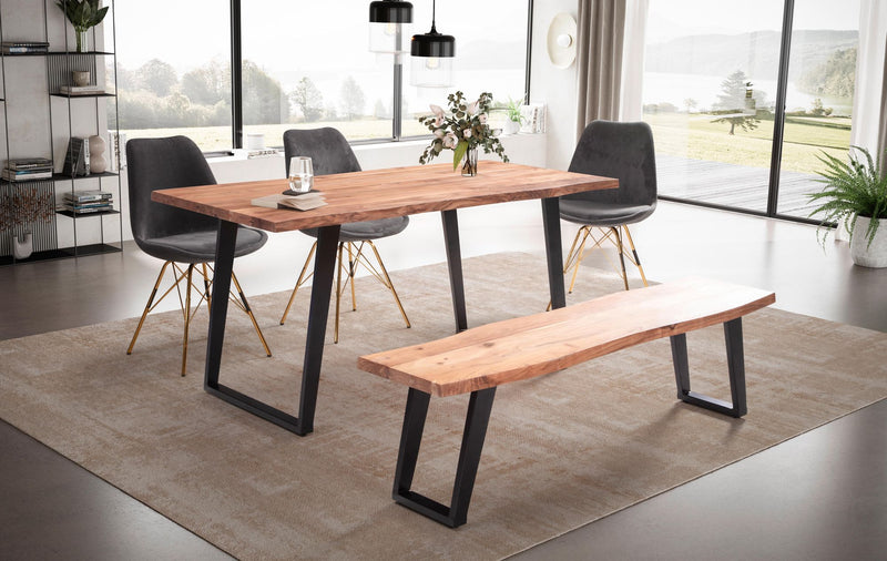 Esszimmertisch Akazie Massivholz Metall Baumkante U-Beine Schwarz 180x90cm