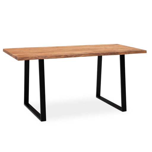Schreibtisch 120x60x76cm Akazie mit Baumkante und schwarzen Metallfüßen in Gesamtansicht.