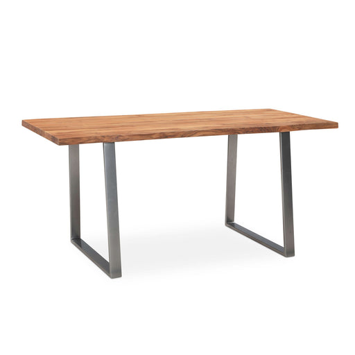 Schreibtisch 140x80 Akazie Massivholz Metall Baumkante Trapezbeine Chrom in Gesamtansicht mit Holzplatte und Metallgestell.